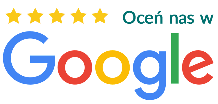 Logo google wraz z pięcioma żółtymi gwiazdkami oraz napisem oceń nas